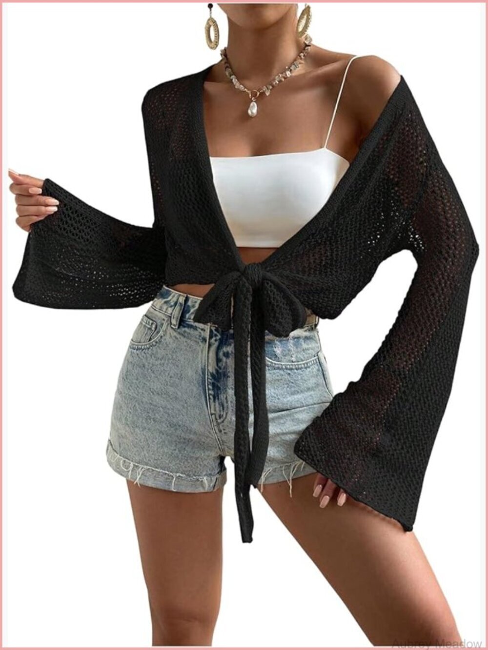 Hollow Out Kimono Cardigan Tie Front Crochet Beach Cover Up